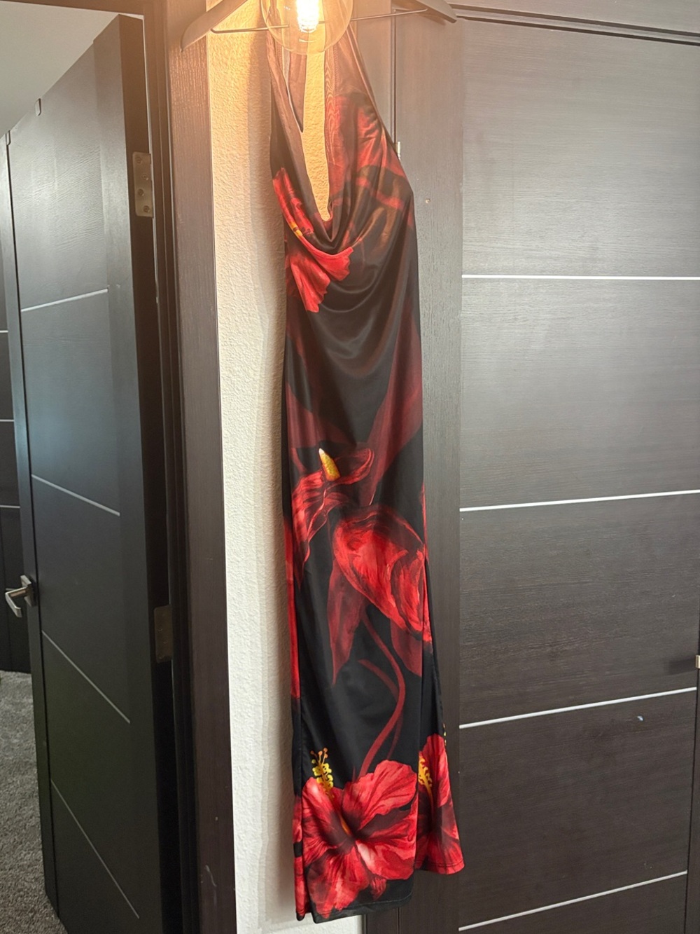 Black Maxi Dress with Bold Red Floral Print
